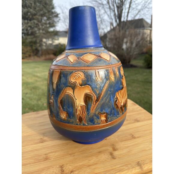 Mid-Century Modern Pergamon Decor Art Pottery Vase Relief Figures Blue 13” Tall - Picture 4 of 8